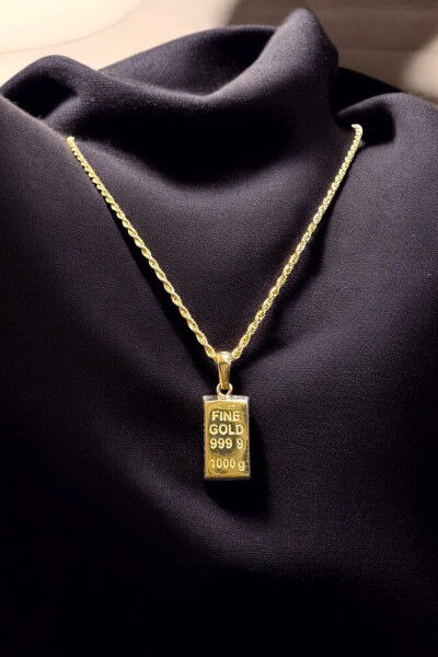 Mini Külçe Altınlı Halat Zincirli Altın Kolye 14KLY8765 - Altınaşkı