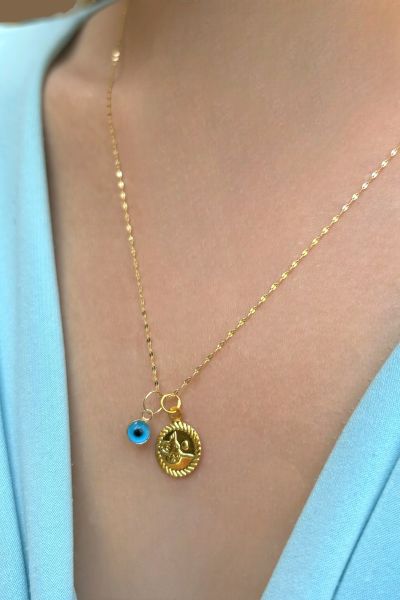 Mini Tuğralı Aynalı Zincirli Altın Kolye 14KLY8970 - Altınaşkı