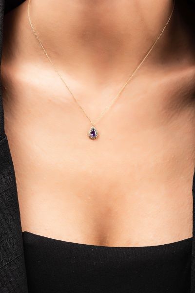 Mor Taşlı Damla Hayalet Altın Kolye 8KLY760 - Altınaşkı