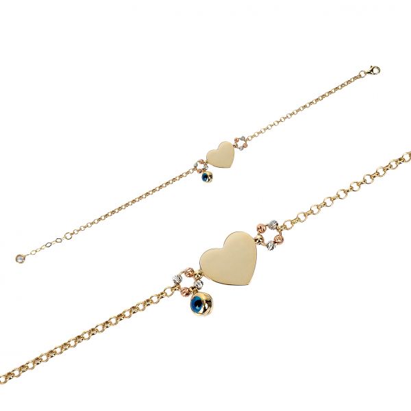 Nazar Boncuklu Kalpli Plaka Altın Bileklik 14KNY989 - Altınaşkı