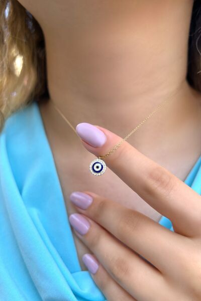 Nazar Boncuklu Taşlı Hayalet Altın Kolye 8KLY885 - Altınaşkı