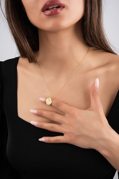 Nostaljik Harfli Aynalı Zincirli Altın Kolye 14KLY5491 - Altınaşkı