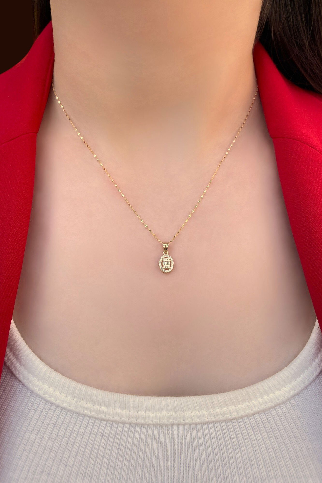 Oval Bagetli Aynalı Altın Kolye 14KLY1418 - 1