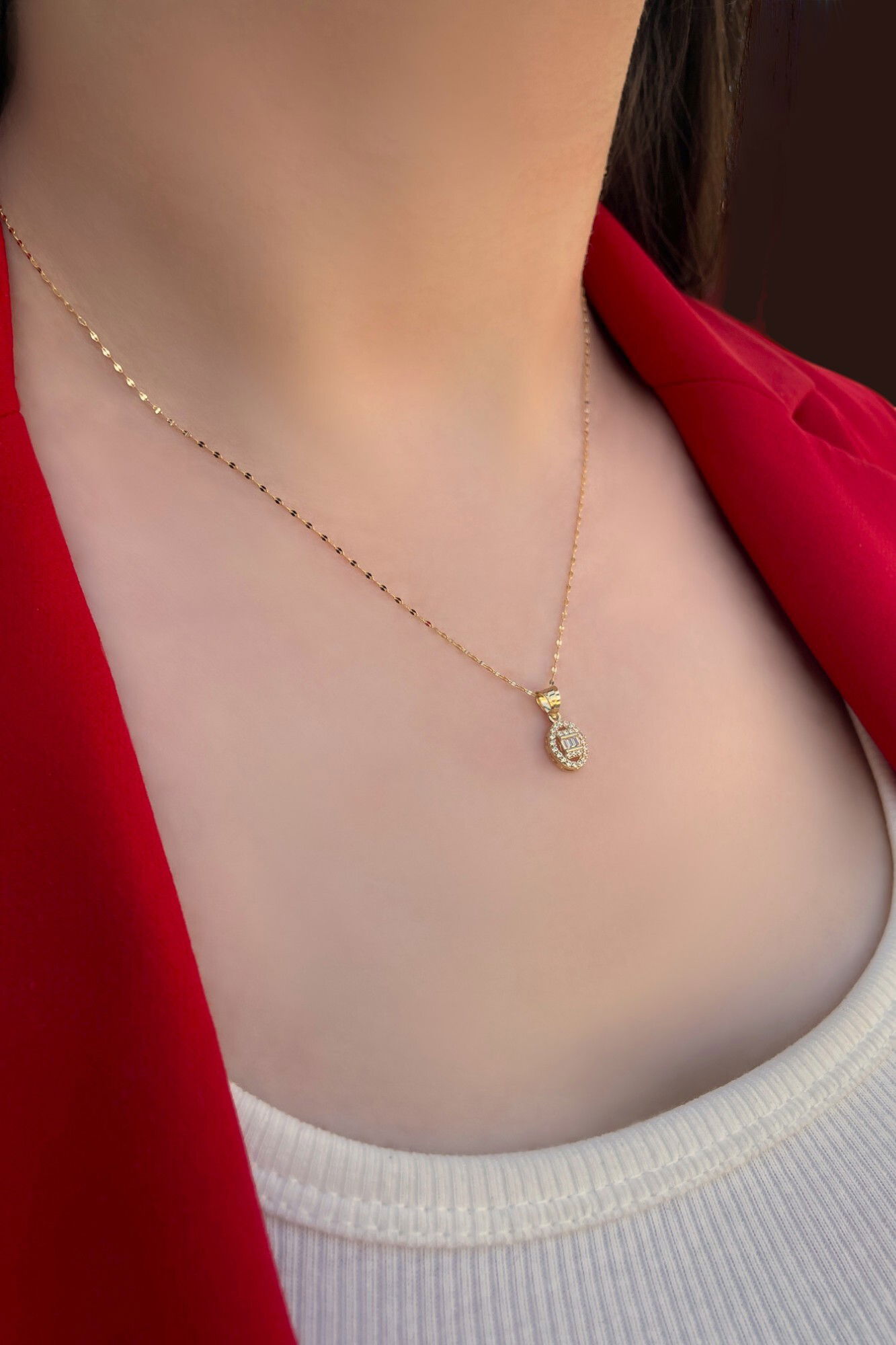 Oval Bagetli Aynalı Altın Kolye 14KLY1418 - 2