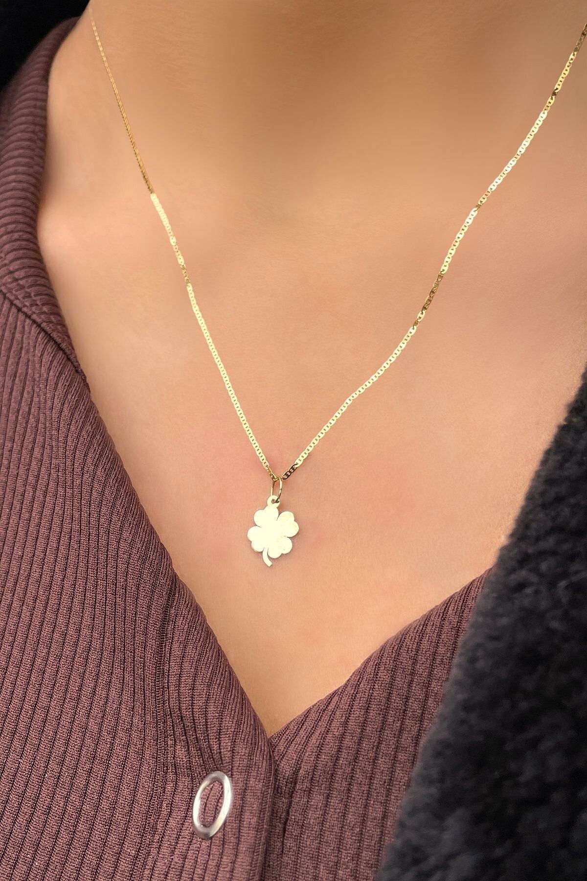 Parlak Zincirli Yonca Altın Kolye 14KLY3024 - 1