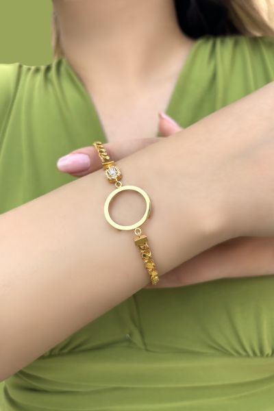 Pullu Baget Taşlı Çeyrek Çerçeveli Altın Bileklik 8KNY74 - Altınaşkı