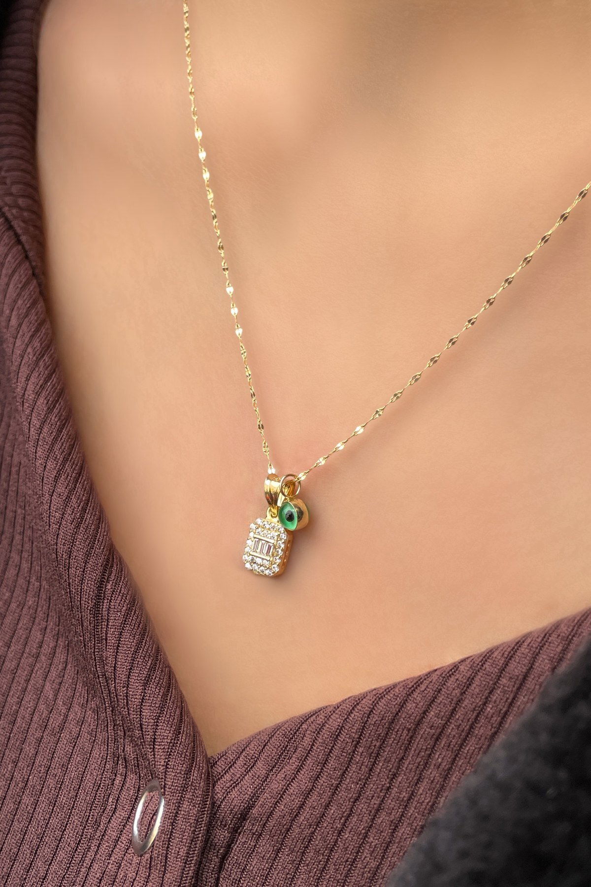 Renkli Göz Boncuklu Baget Taşlı Altın Kolye 14KLY3028 - 1