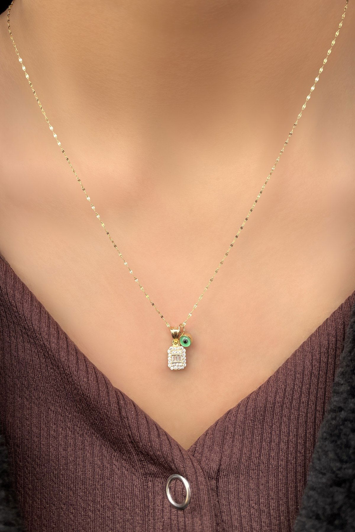 Renkli Göz Boncuklu Baget Taşlı Altın Kolye 14KLY3028 - 2