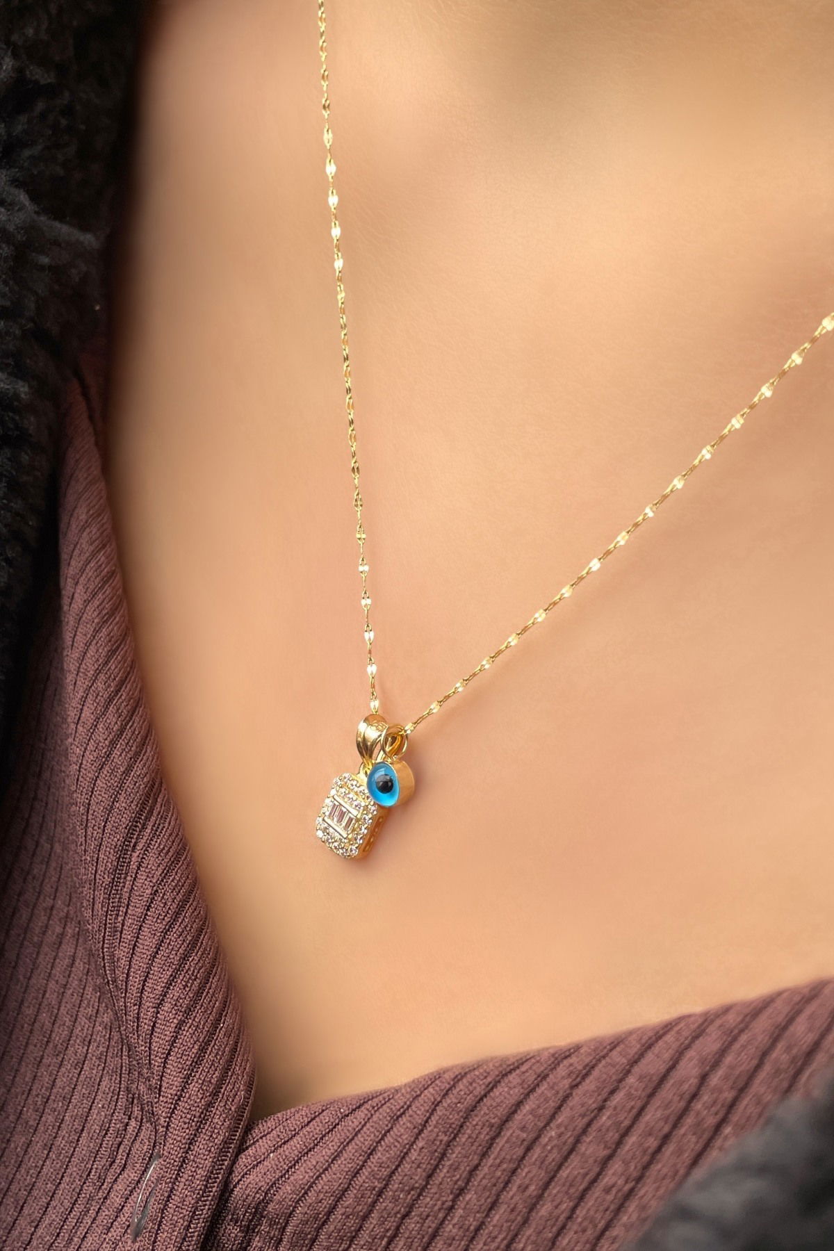 Renkli Göz Boncuklu Baget Taşlı Altın Kolye 14KLY3028 - 3