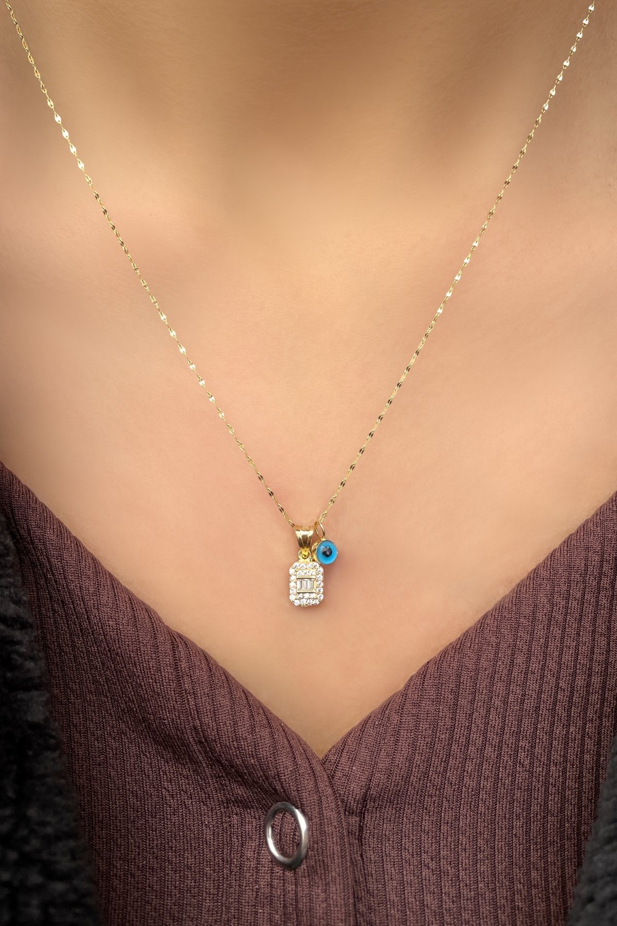 Renkli Göz Boncuklu Baget Taşlı Altın Kolye 14KLY3028 - 4