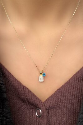 Renkli Göz Boncuklu Baget Taşlı Altın Kolye 14KLY3028 - 4