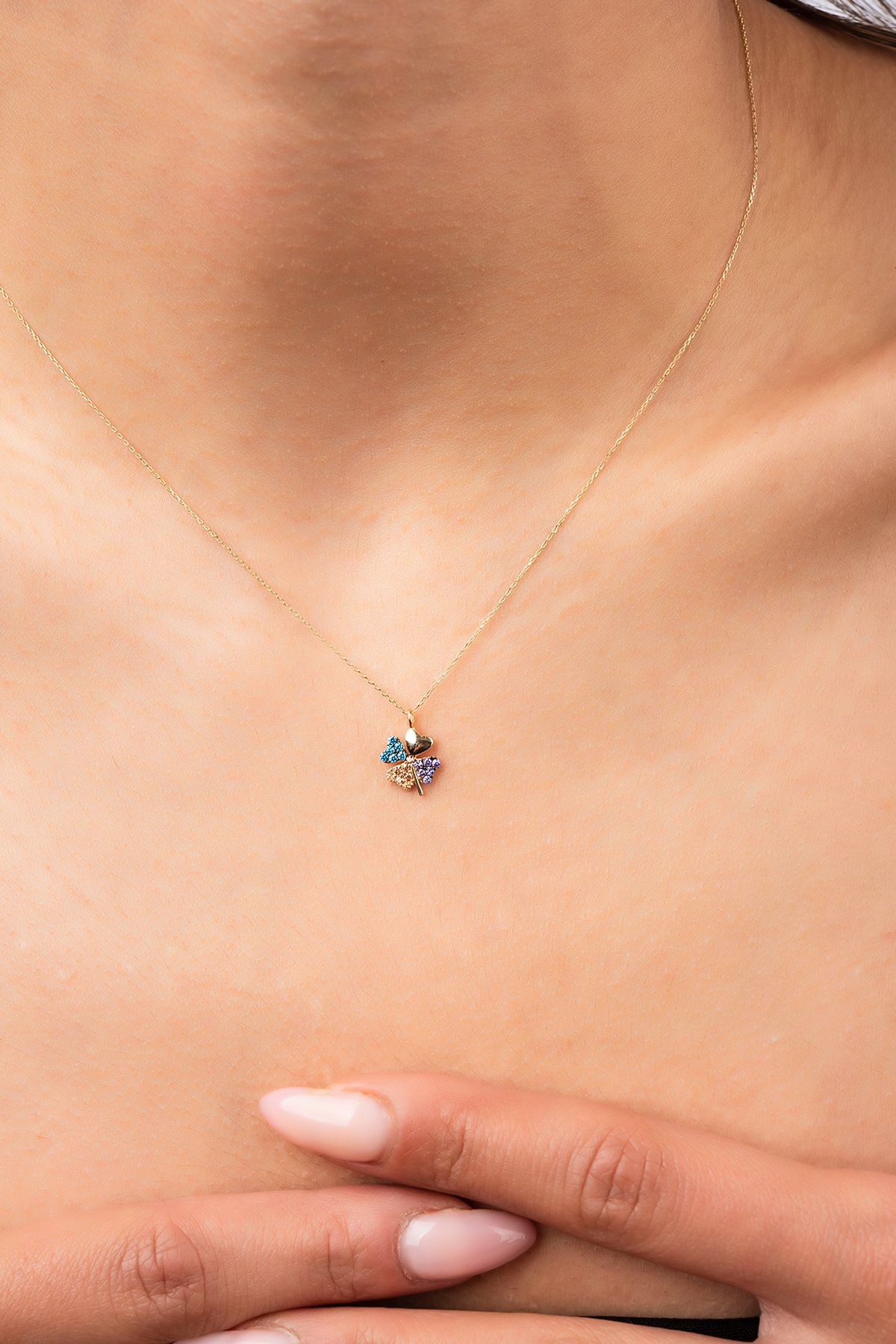 Renklı Taşlı Yonca Hayalet Altın 8KLY802 - 5