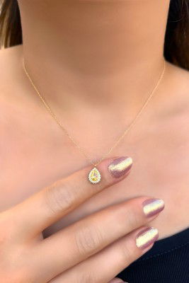 Sarı Taşlı Damla Hayalet Altın Kolye 8KLY196 - 1