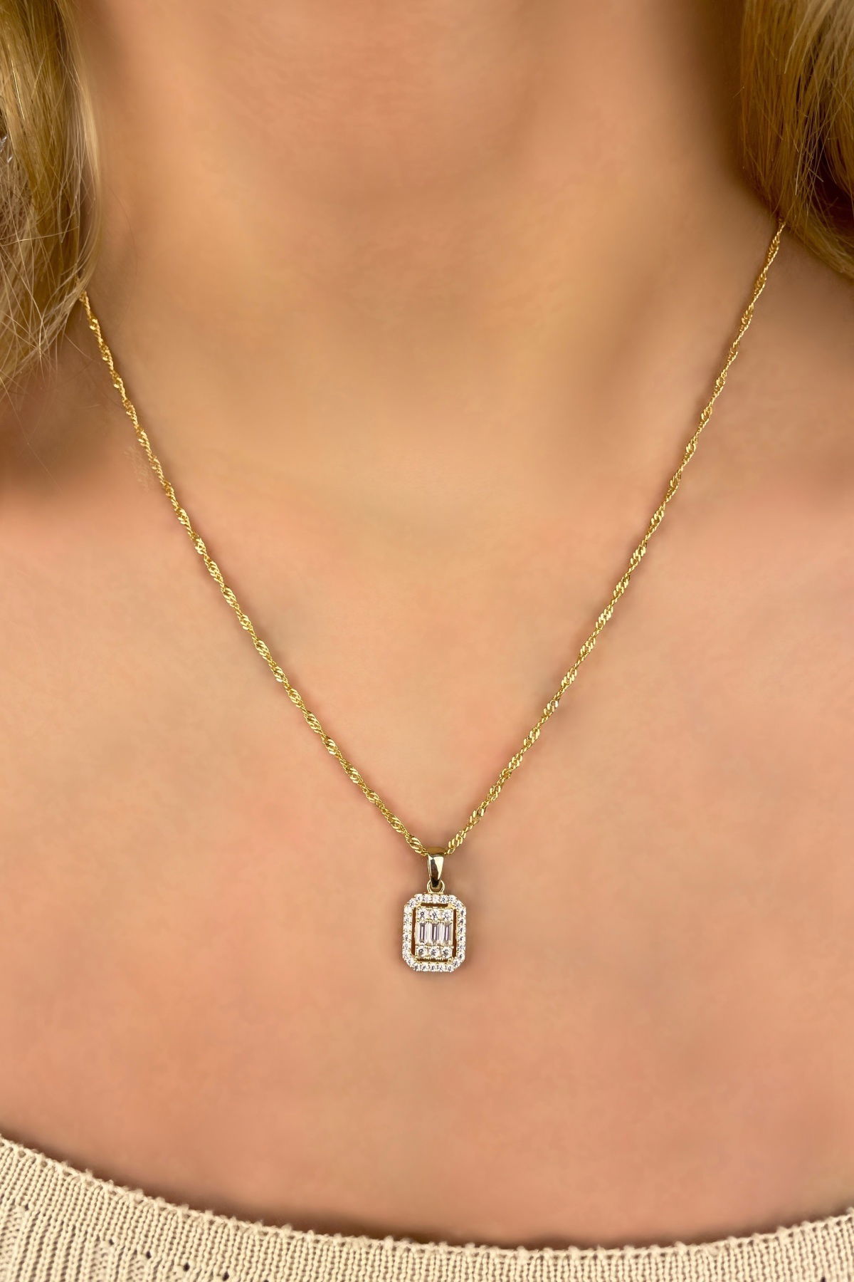 Singapur Zincirli Baget Baget Taşlı Altın Kolye 8KLY2345 - 2