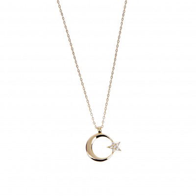 Taşlı Ay Yıldız Hayalet Altın Kolye 8KLY752 - 3