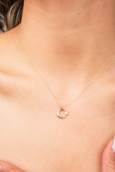 Taşlı Ay Yıldız Hayalet Altın Kolye 8KLY752 - Altınaşkı