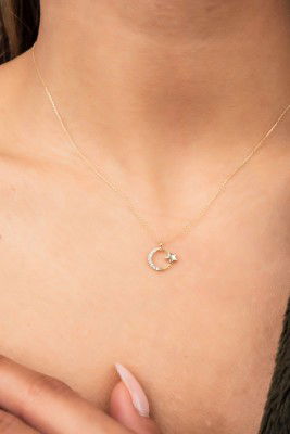 Taşlı Ay Yıldız Hayalet Altın Kolye 8KLY754 - 1