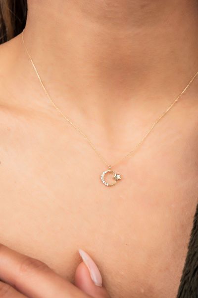 Taşlı Ay Yıldız Hayalet Altın Kolye 8KLY754 - Altınaşkı