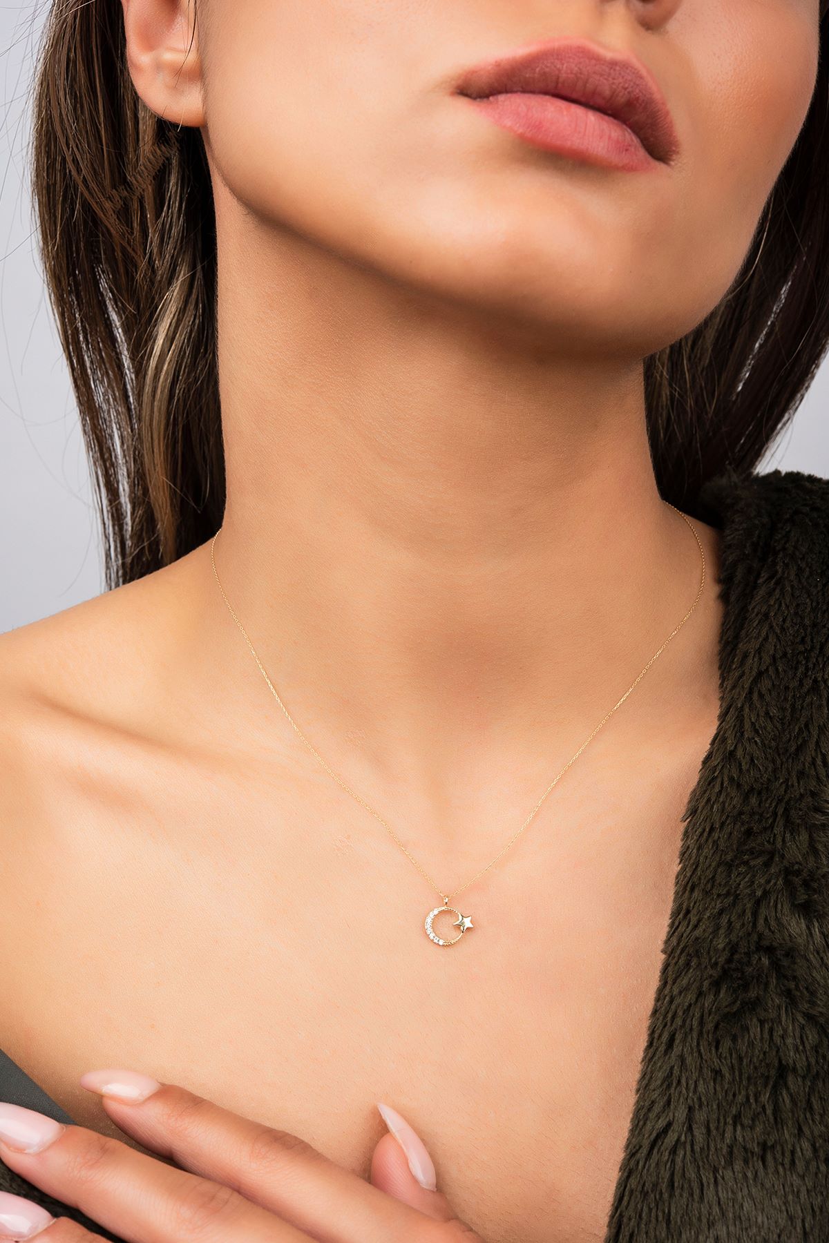 Taşlı Ay Yıldız Hayalet Altın Kolye 8KLY754 - 2