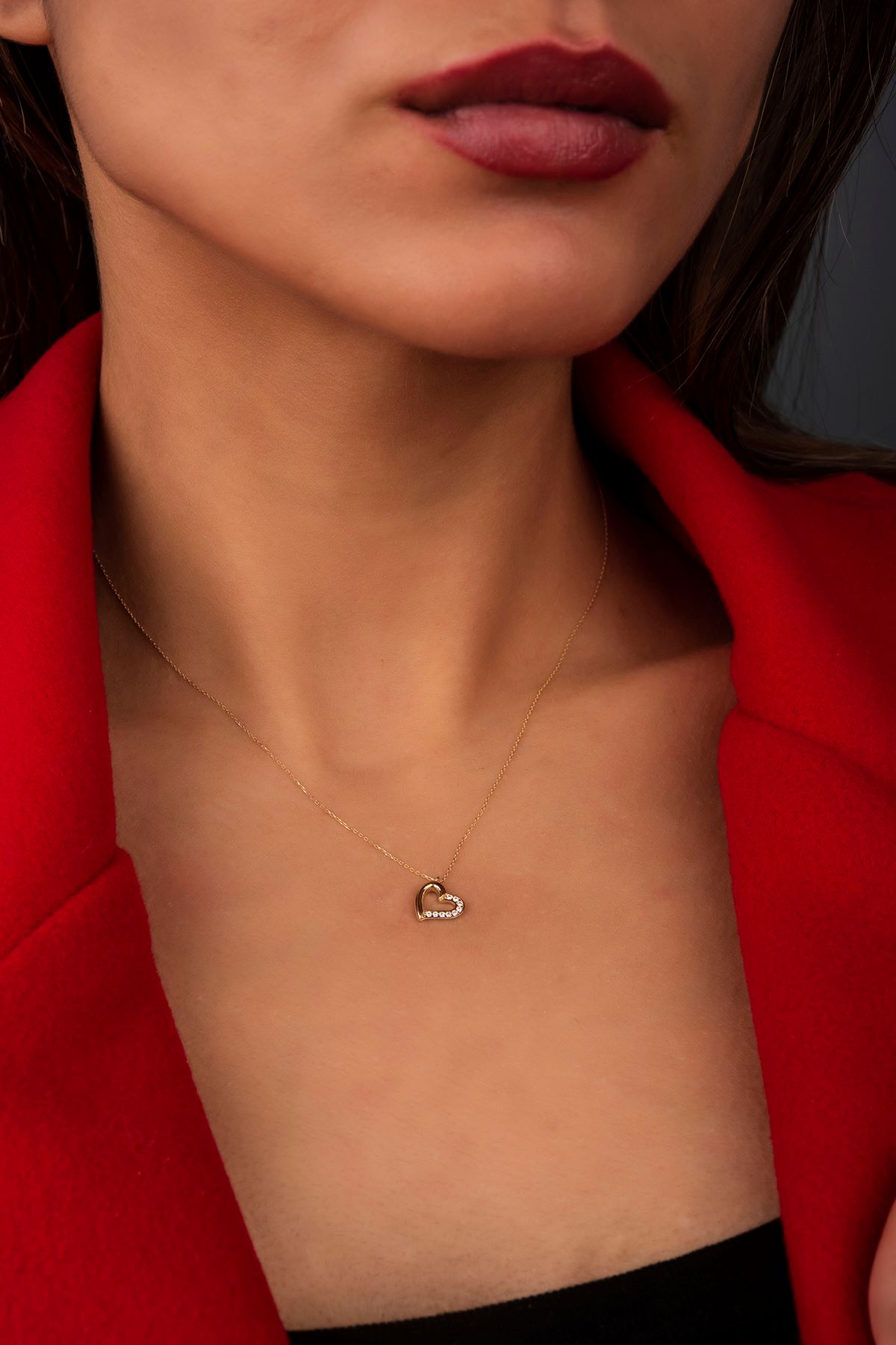 Taşlı Kalp Hayalet Altın Kolye 8KLY795 - 1