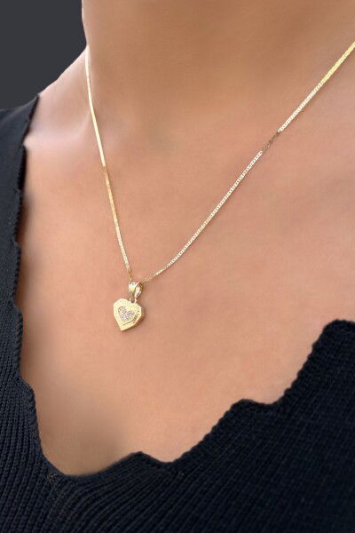 Taşlı Kalp Parlak Altın Kolye 14KLY2190 - Altınaşkı