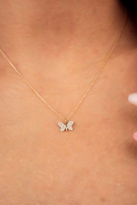 Taşlı Kelebek Hayalet Altın Kolye 8KLY634 - 2