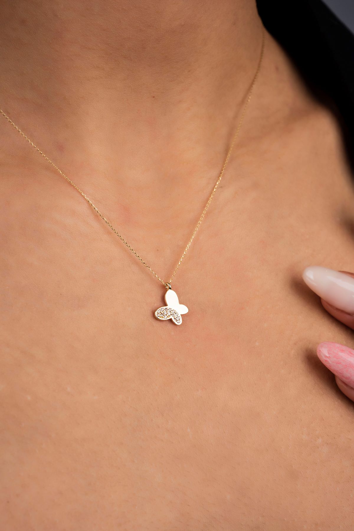 Taşlı Kelebek Hayalet Altın Kolye 8KLY745 - 1