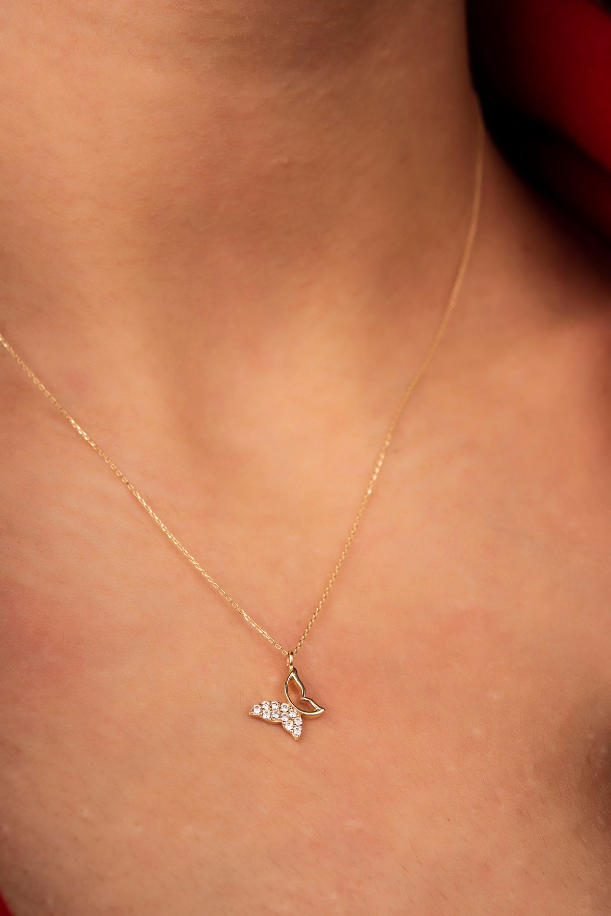 Taşlı Kelebek Hayalet Altın Kolye 8KLY790 - 1