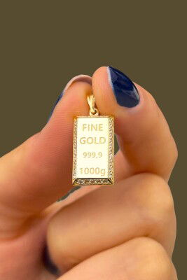 Taşlı Külçe Altın Kolye ucu 14KLY9723 - 1