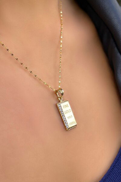 Taşlı Külçe Aynalı Altın Kolye 14KLY3245 - Altınaşkı