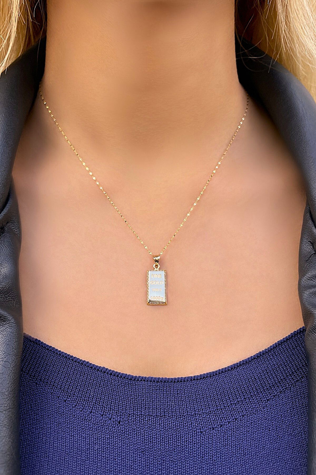 Taşlı Külçe Aynalı Altın Kolye 14KLY3245 - 2