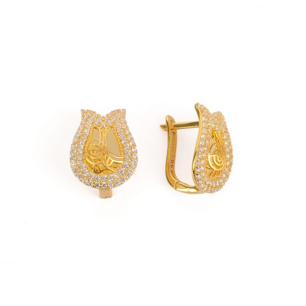 Taşlı Tuğralı Altın Küpe 14KP1290 - Altınaşkı