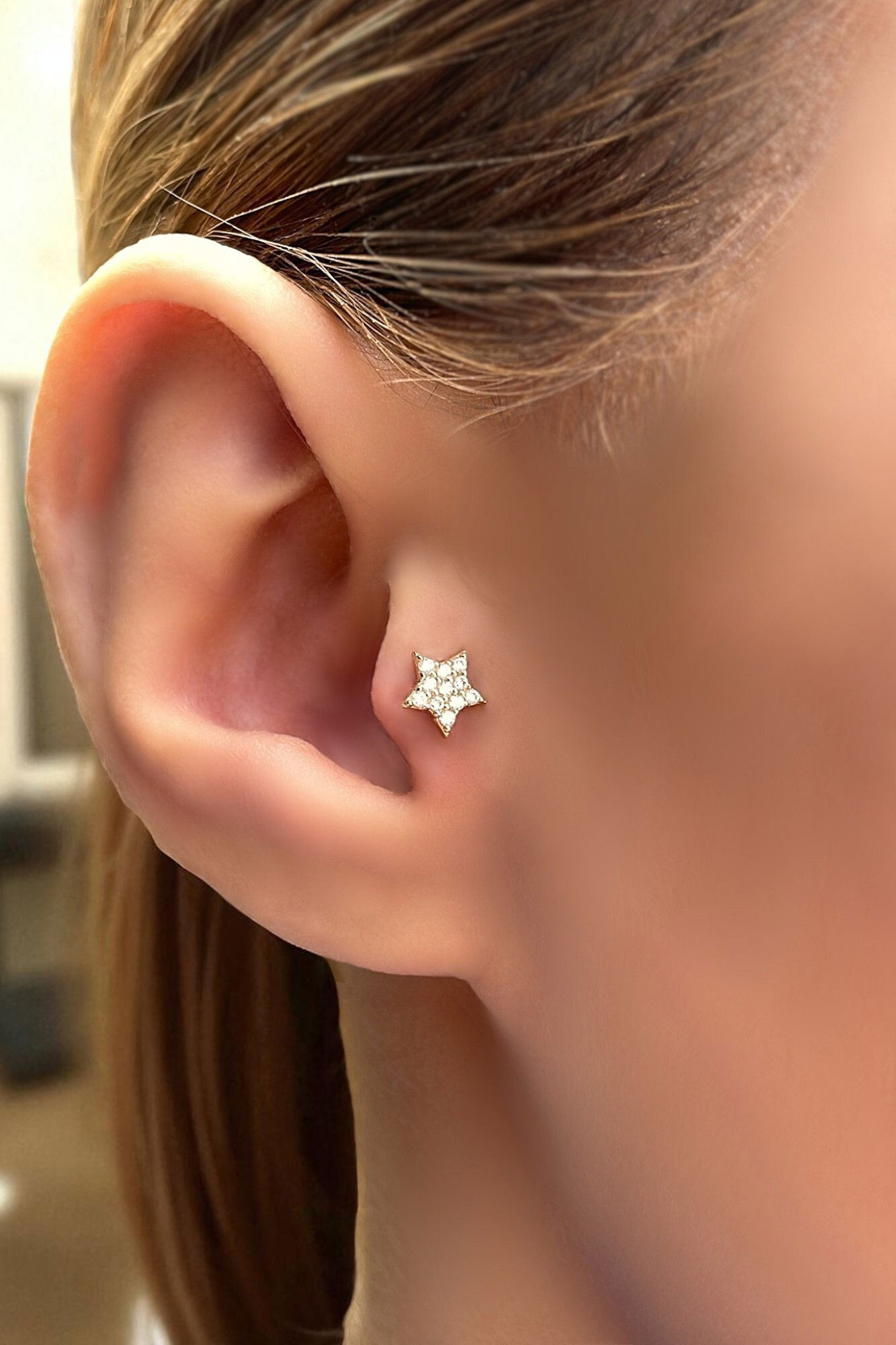 Taşlı Yıldız Tragus Altın Küpe 14KP8577 - 1