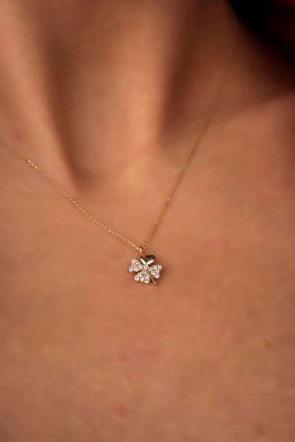 Taşlı Yonca Hayalet Altın Kolye 8KLY632 - 1