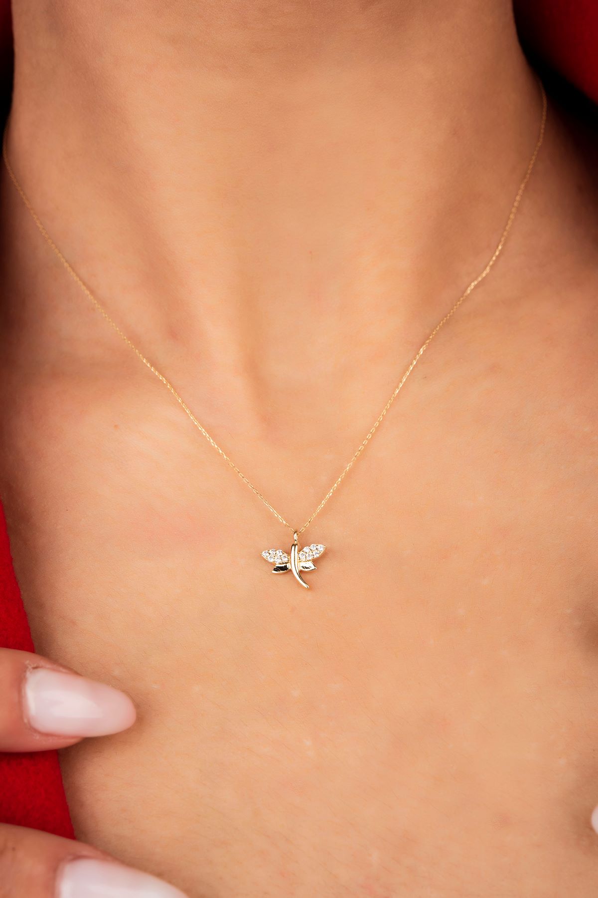 Taşlı Yusufçuk Hayalet Altın Kolye 8KLY753 - 1