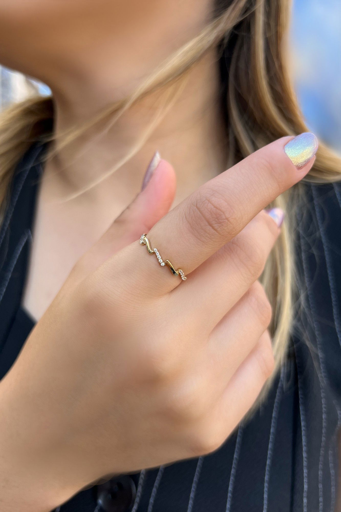 Taşlı Zikzak Altın Yüzük 14YZ5763 - 2