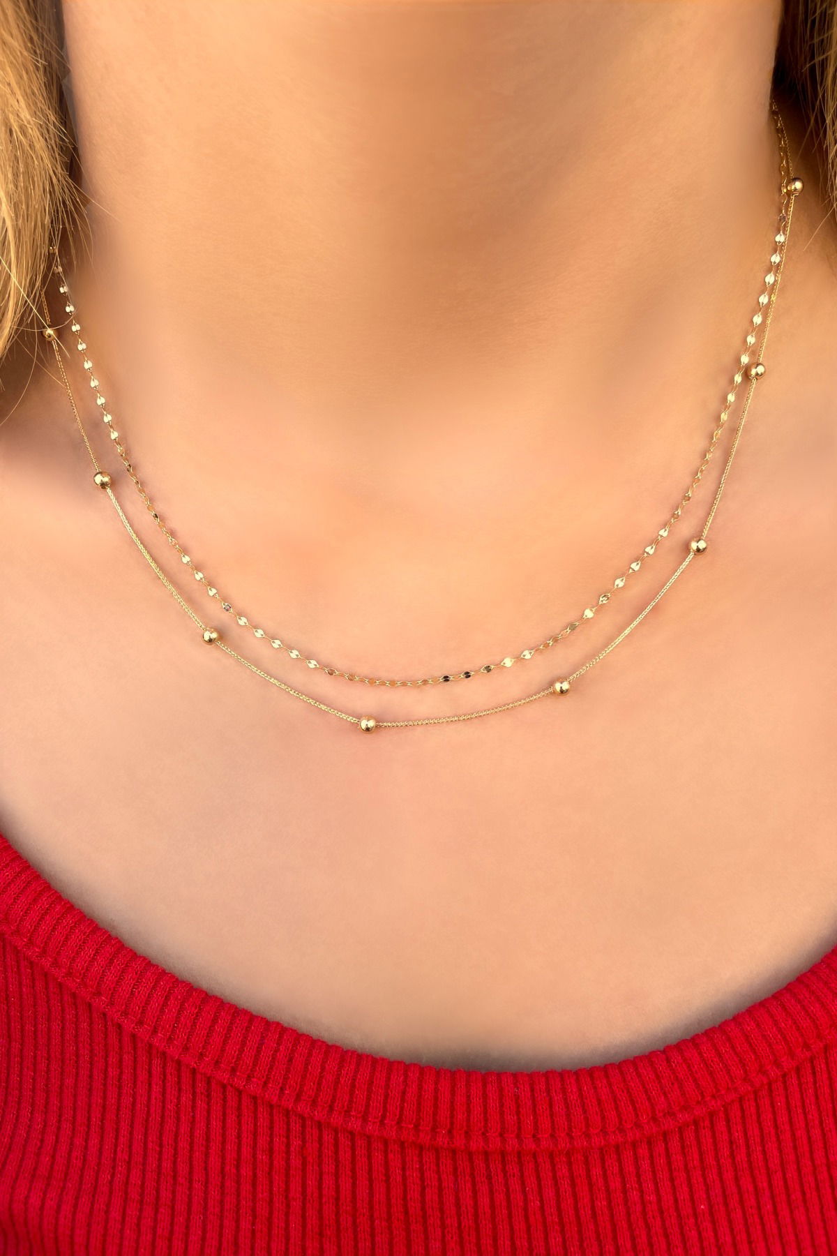 Toplu Çift Zincirli Altın Kolye 14KLY459 - 2