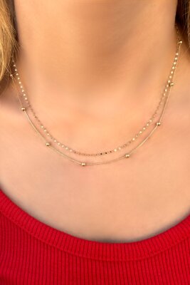 Toplu Çift Zincirli Altın Kolye 14KLY459 - 2