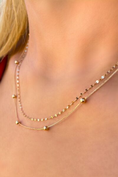 Toplu Çift Zincirli Altın Kolye 14KLY459 - Altınaşkı