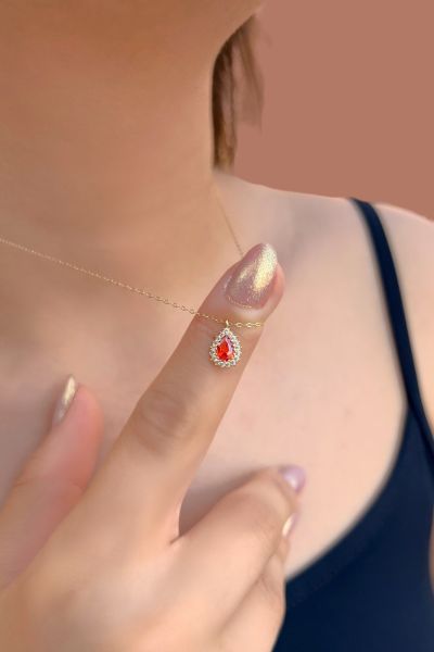 Turuncu Taşlı Damla Hayalet Altın Kolye 8KLY256 - Altınaşkı