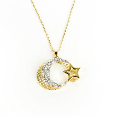 Üç Boyutlu Ay Yıldız Altın Kolye 14KLY56 - Altınaşkı