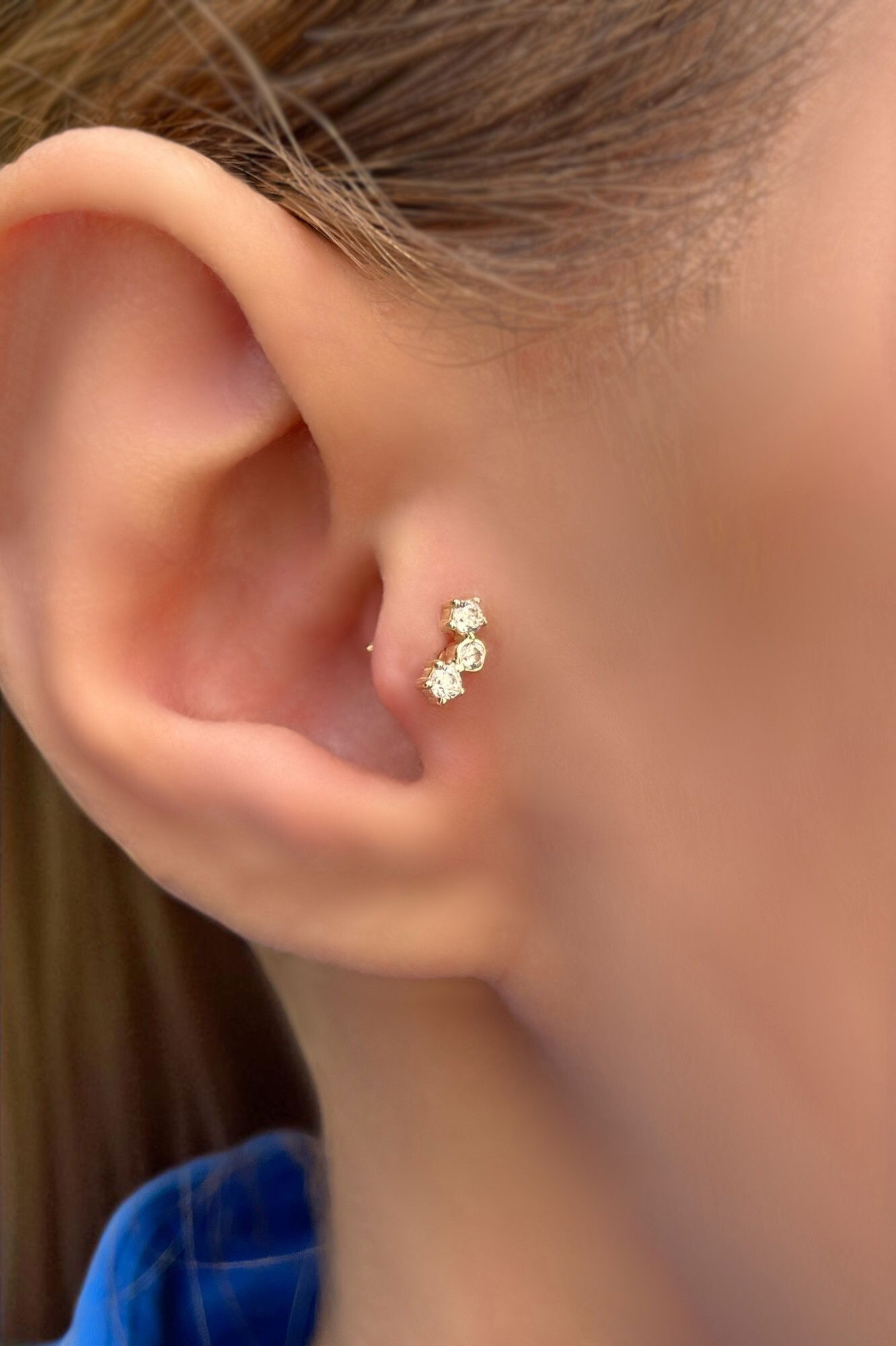Üç Taşlı Tragus Altın Küpe 14KP8673 - 1