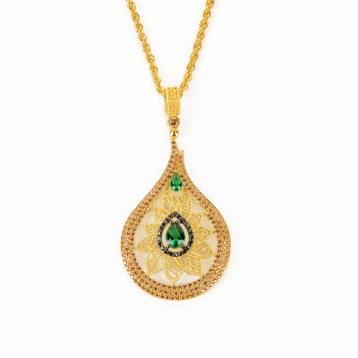Yeşil Taşlı Damla Altın Kolye 14KLY837 - Altınaşkı
