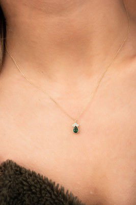 Yeşil Taşlı Damla Hayalet Altın Kolye 8KLY491 - 3