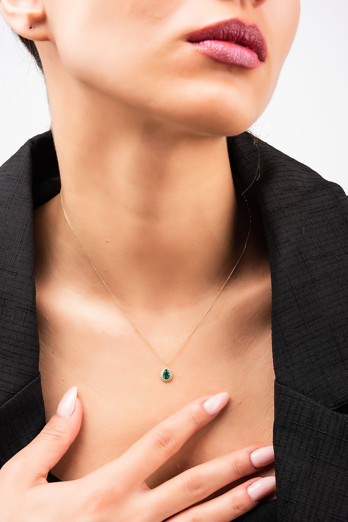 Yeşil Taşlı Damla Hayalet Altın Kolye 8KLY758 - 2