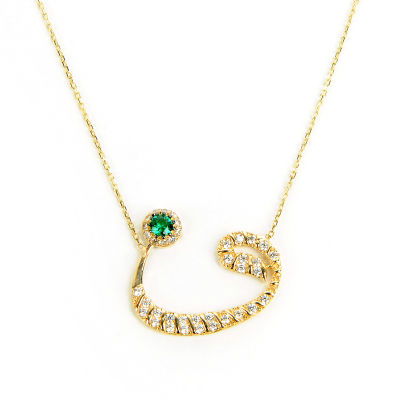 Yeşil Taşlı Vav Altın Kolye 14KLY51 - Altınaşkı