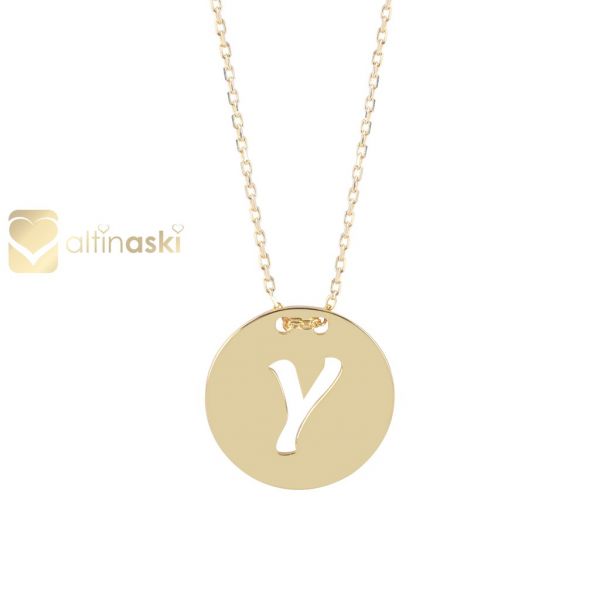Yuvarlak Plaka Harfli Altın Kolye FYA179-b - Altınaşkı